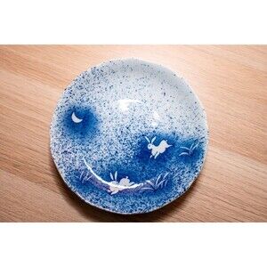 Kotobuki Japan Blue White Bunnies Playing moon Signed plate trinket dish